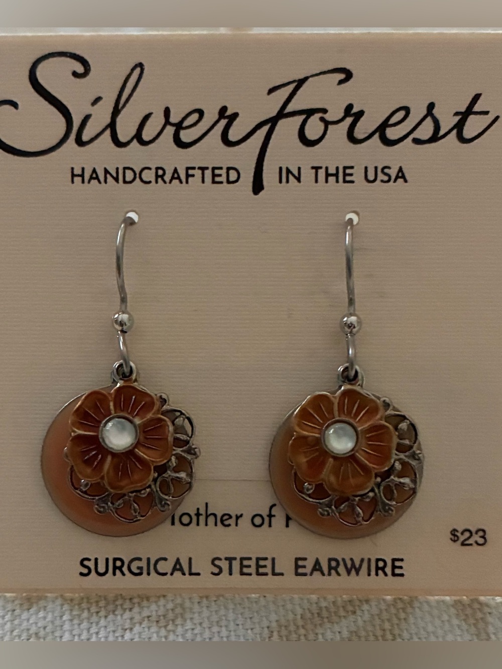 New Silver Forest Floral Mother of Pearl Earrings Silver Tone Surgical Steel